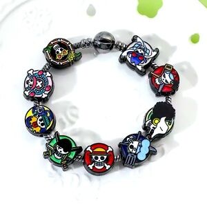 One Piece Anime Black Rhodium Gold Plated Loaded Enameled Charm Bracelet Design